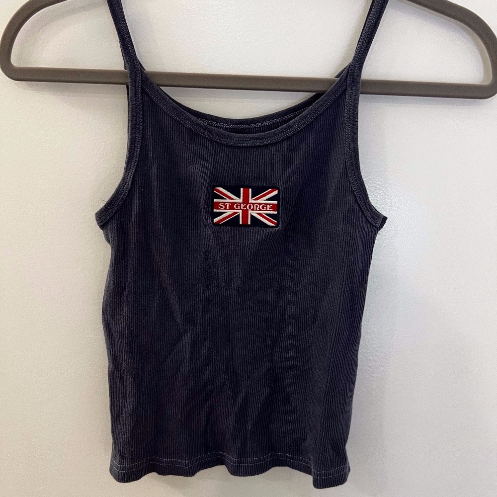 Brandy Melville St George with embroidered flag blue tank top